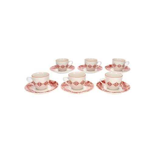 Avilia Set aus 6 Kaffeetassen mit Untertassen – Set aus Tassen und Untertassen mit arabischen Dekorationen, aus Porzellan, 90 ml, Weiß und Rot von Avilia