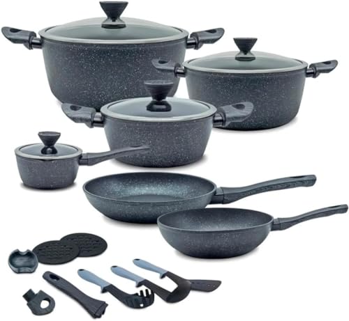 Avilia Set mit 18 antihaftbeschichteten Kochtöpfen aus geschmiedetem Aluminium mit rauen Marmorbeschichtungen – geeignet für jede Herdplatte, einschließlich Induktion, 18-teiliges Topfset mit von Avilia