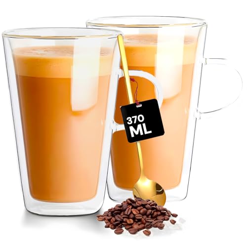 Avilia Set mit 2 Cappuccino-Tassen aus Glas, 370 ml, bequemer und sicherer Griff, Maße: 9,4 x 14,2 cm, ideal für Frühstück oder Kaffeepause, mikrowellengeeignet, doppelwandig zur Wärmedämmung von Avilia