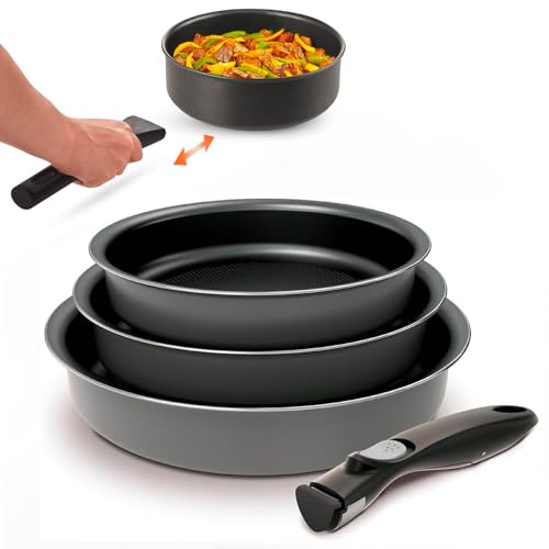 Avilia Set mit 3 Induktionspfannen mit abnehmbarem Griff, 20 – 24 – 28 cm – Antihaftbeschichtung, 5 Schichten, spülmaschinenfest, backofenfest bis 250 °C von Avilia