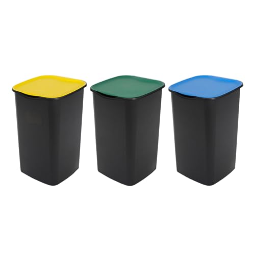 Avilia Set mit 3 Mülleimern für Mülltrennung, 50 l, Müllbehälter für Küche und Außenbereich, mit bunten Deckeln für Kunststoff, Papier und Glas, aus Polypropylen, 38 x 38 x 55 cm von Avilia