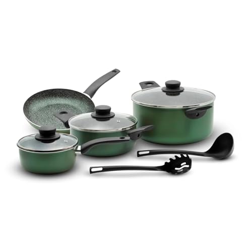 Avilia Set mit 9 Töpfen und Pfannen, Gehäuse aus reinem Aluminium, antihaftbeschichtet, inklusive Glasdeckel und Schöpflöffel, nicht geeignet für Induktionsherde, hergestellt in Italien von Avilia
