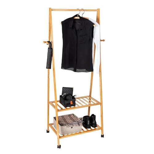 Avilia Vertikaler Kleiderständer mit Stange, 2 Ablagen mit Lattenrost, 4 Haken, 4 Rollen und 2 Feststellbremsen, für Eingang und Zimmer, aus Bambus, 43,5 x 76,5 x 165 cm von Avilia