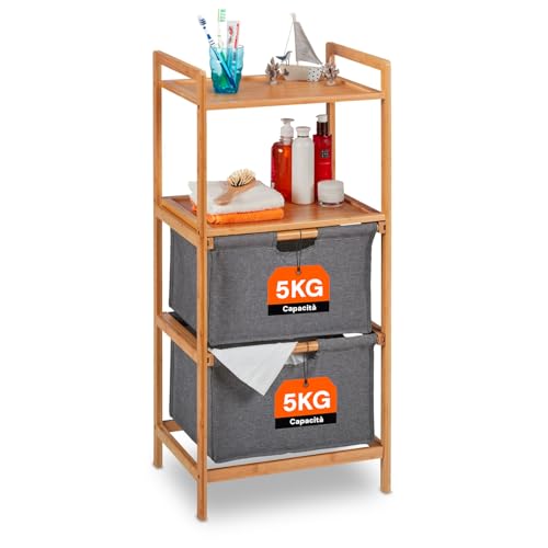Avilia Wäschekorb aus Bambus – Badezimmerschrank mit 2 Stoffkörben und 2 Einlegeböden 90 x 38 x 30 cm – Kapazität eines Fachbodens 6 kg – platzsparend, stabil und elegant von Avilia
