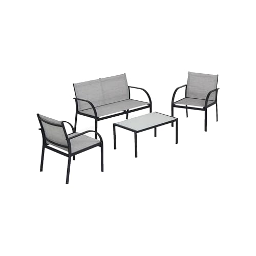 Avilia Gartengarnitur aus Metall in Schwarz-Grau – Outdoor-Möbel mit Sofa, 2 Sesseln und Couchtisch mit Tischplatte aus gehärtetem Glas, robuste Struktur und Elegantes Design von Avilia