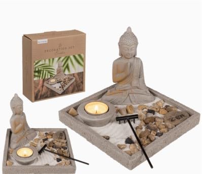 Avilia Zen-Garten für Schreibtisch mit Sand und Kerze – Zen-Garten mit Buddha und Stein, ideal als Dekoration für Zuhause und Büro, aus Beton, 18 x 18 x 15 cm von Avilia