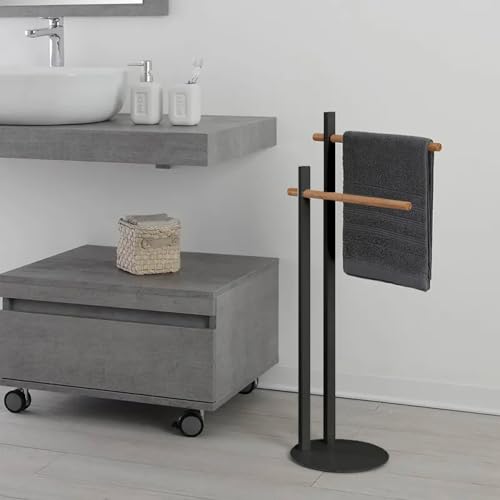 Handtuchhalter für Badezimmer mit 2 Haken, aus Metall und Bambus, 22 x 80,5 x 22 cm, Schwarz und Beige von Avilia