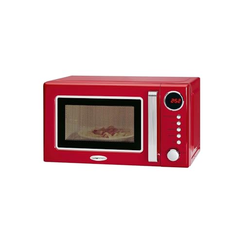 Mikrowellenofen im Retro-Stil - mit Grill und digitalem Display, mit 9 voreingestellten Programmen, Timer, Kindersicherung, aus Glas und Edelstahl, 37 x 44 x 26 cm, 20 l, 700 W, Rot von Avilia