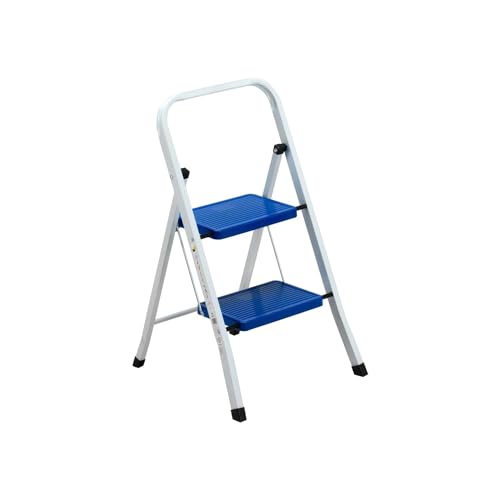 Platzsparender Hocker | Klapphocker | Leiter mit 2 Stufen | Hocker mit 2 Stufen | Hocker für den Innen- und Außenbereich | Hocker aus Aluminium 80 x 36 x 80 cm, Weiß und Blau von Avilia