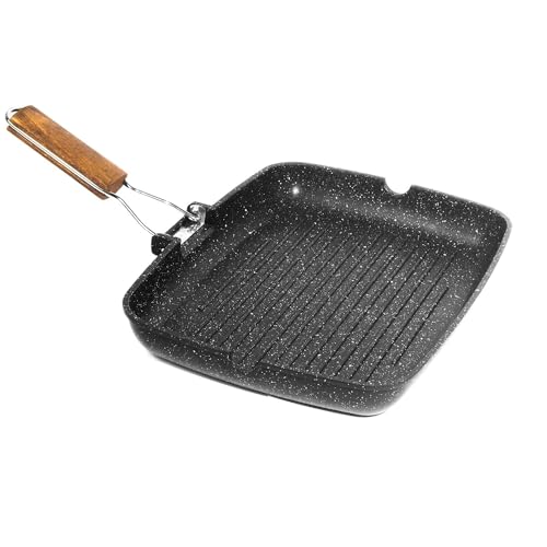 Rechteckiger Antihaft-Grill | Antihaft-Grill | Grill aus Druckguss mit klappbarem Holzgriff für Fleisch, Fisch und Gemüse 35 x 25 cm von Avilia