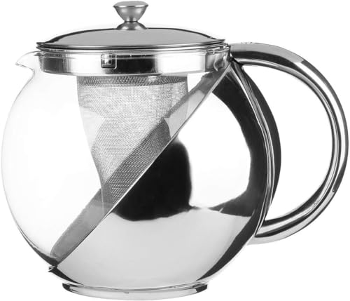 Teekanne mit Filter für Tee und Kaffee - Teekanne mit Deckel und abnehmbarem Filter, aus Glas und Stahl, 17 x 15 x 12 cm, 1,1 l, Silber von Avilia