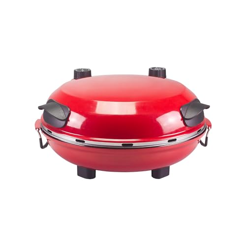 Tragbarer elektrischer Pizzaofen mit einstellbarem Timer – runder Pizzaofen mit wärmeisolierenden Griffen und abnehmbarem Boden, aus hitzebeständigem Metall, 35 x 43,5 x 18,5 cm, 1200 W, Rot von Avilia