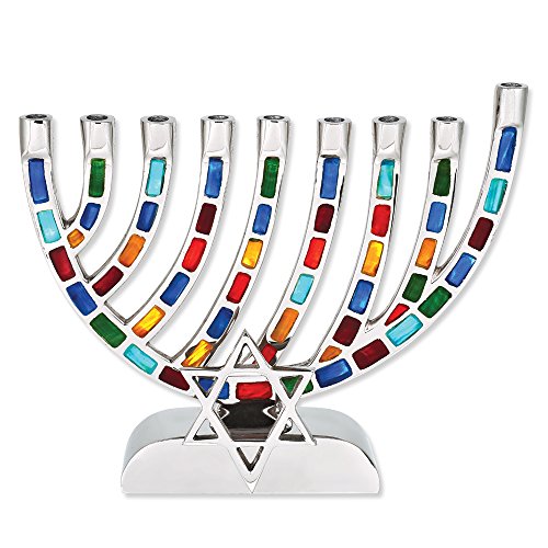Aviv Judaica Hochglanzpoliertes Aluminium-Mosaik-Menora mit handbemaltem Akzent (mehrfarbig) von Aviv Judaica