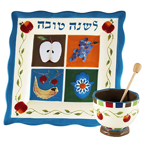 Aviv Judaica Jessica Sporn Rosh Hashanah Honigschalen-Set, dekorativer Keramikteller, bemalt, jüdisches Thema, Shana Tovah mit Honigschale, Holzlöffel, Rosh Hashunah-Platte, jüdisches Neujahrsgeschenk von Aviv Judaica