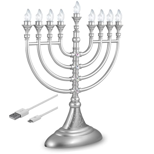 Aviv Judaica Traditionelle Chanukkah-LED-Menora, grau, batteriebetrieben oder USB-betrieben, Chanukiah mit 1,2 m Micro-USB-Kabel, elektronische Chanukka-Kerzen, Minora, beleuchtetes Chanukah-Dekor, 2 von Aviv Judaica