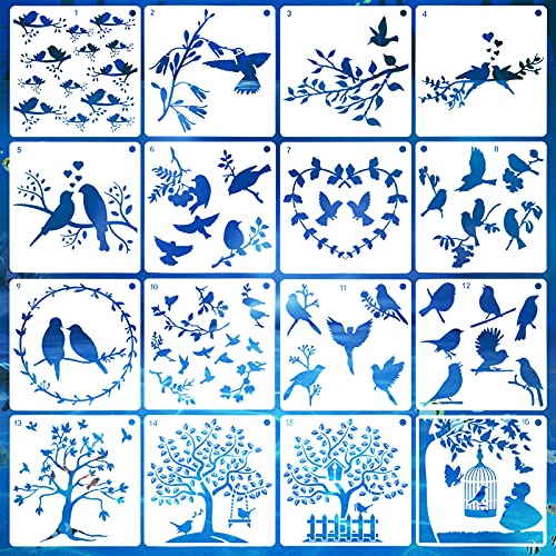 AvoDovA 16 Stück Schablone für Äste, Vogelbaum, Schablone für Vogelmalerei, Zeichnungsvorlage, wiederverwendbar, Schablone für Vogelmalerei zum Basteln, Handwerk, Wanddekoration, 15 x 15 cm von AvoDovA