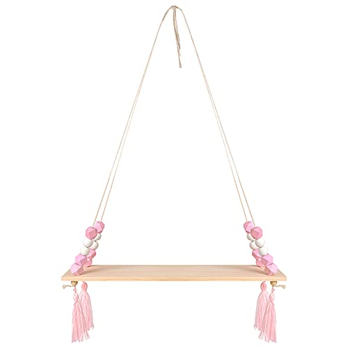 AvoDovA Wandregal Schweberegal, Hängendes Holzregal, Boho Schaukel Seil Schweberegale Hängeregal, schwimmende Holzregale mit Haken für Wohnzimmer Schlafzimmer Wanddekoration, Rosa von AvoDovA