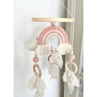Regenbogen Mobile Babymobile Deko Beige Rosa Altrosa Rosé Wolken Boho Unisex Baby Babyparty von Avocadopink