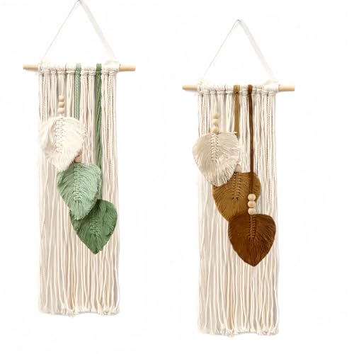 Avoik 2pcs Makramee Wandbehang Boho Deko Handgemacht Makramee Wandteppich Blätter Tapisserie Wandteppich für Schlafzimmer Wohnzimmer Kinderzimmer Hochzeit Wanddeko, Grün & Braun von Avoik
