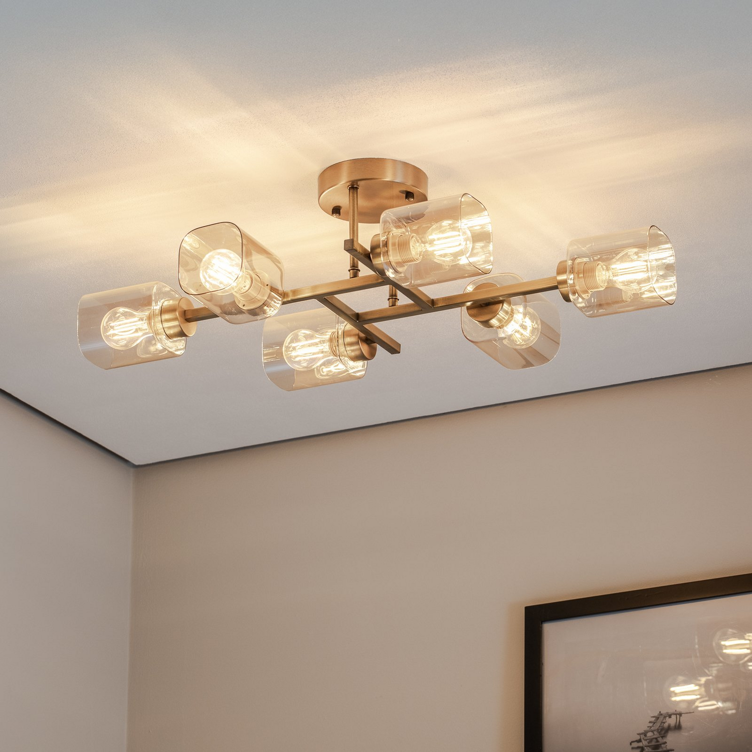 B-Ware Avonni Deckenlampe Horia Leuchte Antikgold Amber 80x40 Cm Glas Metall 6 Flg von Avonni