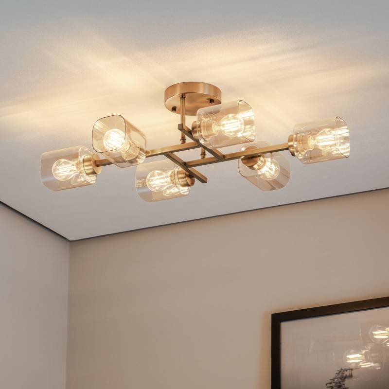 B-Ware Avonni Deckenlampe Horia Leuchte Antikgold Amber 80x40 Cm Glas Metall 6 Flg von Avonni
