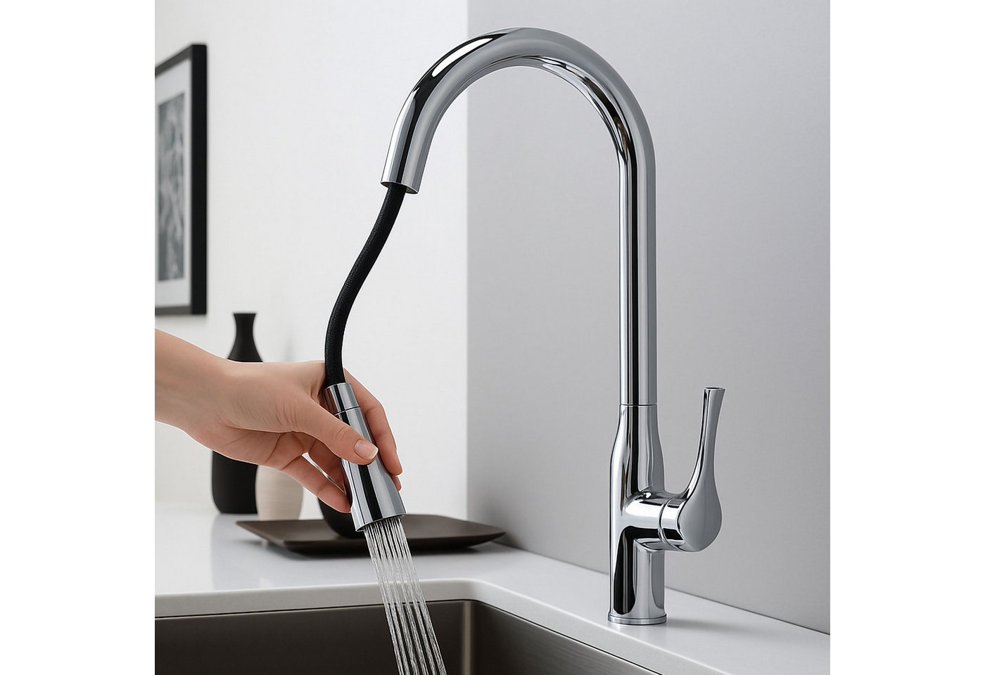 Avorio Küchenarmatur mit herausziehbarer Brause (Hochwertige Chrom-Designarmatur mit Keramikkartusche), Flexibler Brauseschlauch, Premium Qualität von Avorio