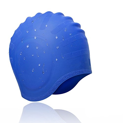 Avril Tian Badekappe, Silikon Unisex Badehut Langhaarhut mit Ohrenschutz für Damen und Herren für den Wassersport, Blau von Avril Tian