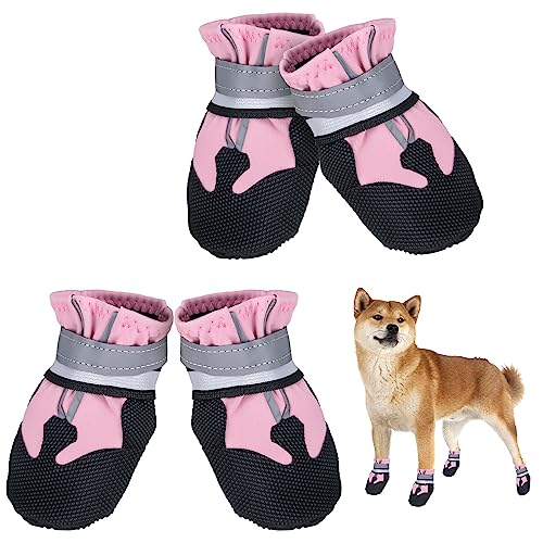 Avvrel Hundeschuhe, 4 Stück Pfotenschutz Hundestiefel rutschfeste wasserdichte Hundeschuhe mit Verstellbar Reflektierendem Riemen, Outdoor Hundeschuhe für Kleine Mittel Große Hunde (L, Rosa) von Avvrel