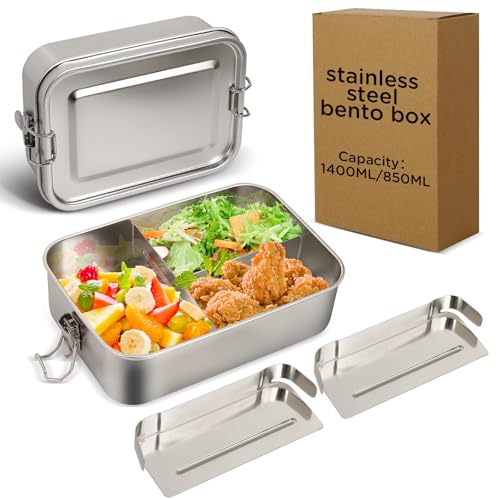 Awaiymi 304 Edelstahl Lunch Box und Lebensmittelbehälter Mit Deckel 1400ml Auslaufsicheres Verstellbares Fach Metall Bento Box Edelstahl Brotdose für Reisen Arbeit Picknick Erwachsene von Awaiymi