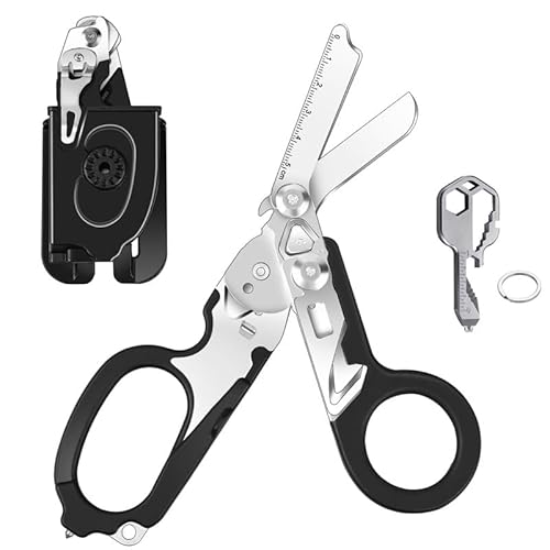 Awaiymi 6 in 1 Multifunktions-Faltschere mit kompatiblem Holster, Notfallschere Outdoor Camping Notfallwerkzeug mit Gurtschneider und Glasbrecher (Schwarz) von Awaiymi
