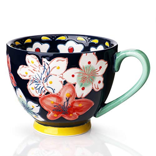 Keramik Groß Tasse, Awanber Kaffeetasse mit Blume Handbemalt 450ml Tee Becher–Beste Geburtstags für Frauen, Mädchen, Freund –Muttertagsgeschenk für Mutter, Oma, Ehefrau, Tochter–Blau von Awanber