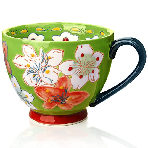 Keramik Groß Tasse, Awanber Kaffeetasse mit Blume Handbemalt 450ml Tee Becher–Beste Geburtstags für Frauen, Mädchen, Freund –Muttertagsgeschenk für Mutter, Oma, Ehefrau, Tochter – Hellgrün von Awanber