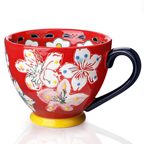 Keramik Groß Tasse, Awanber Kaffeetasse mit Blume Handbemalt 450ml Tee Becher–Beste Geburtstags für Frauen, Mädchen, Freund –Muttertagsgeschenk für Mutter, Oma, Ehefrau, Tochter–Rot von Awanber