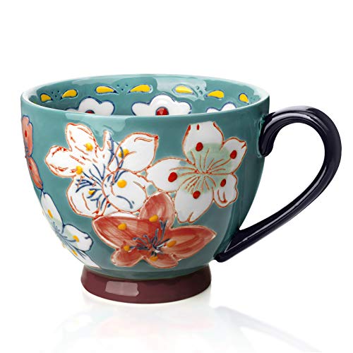 Awanber Keramik Groß Tasse, Kaffeetasse mit Blume Handbemalt 450ml Tee Becher–Beste Geburtstags für Frauen, Mädchen, Freund –Muttertagsgeschenk für Mutter, Oma, Ehefrau, Tochter – Seeblau von Awanber