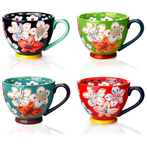 Keramik Groß Tasse 4er Set, Awanber Kaffeetasse mit Blume Handbemalt 450ml Tee Becher–Beste Geburtstags für Frauen, Mädchen, Freund –Muttertagsgeschenk für Mutter, Oma, Ehefrau, Tochter von Awanber