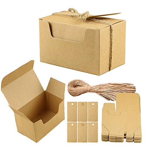 Aweisile 50 Stück Kraftpapier Geschenkbox Geschenkschachtel Kartonage Geschenkkarton Hochzeit Party Gastgeschenk Box mit Geschenkanhänger und Juteseil Für Hochzeitsfest Geschenk Verpackung, 10x6x6cm von Aweisile