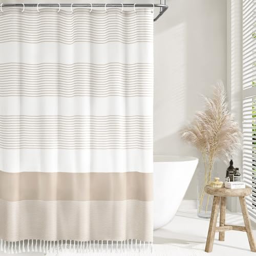 Awellife Boho-Duschvorhang für Badezimmer, Baumwolle, gestreift, Quaste, 183 x 183 cm, natürliche Textur von Awellife