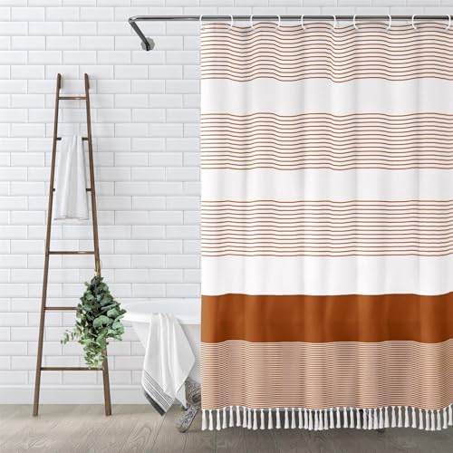 Awellife Boho Orange Duschvorhang für Badezimmer, gestreift, Quasten, Duschvorhang, 183 x 183 cm, Bauernhaus-Leinen von Awellife