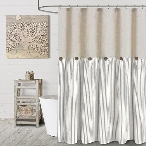 Awellife Farmhouse Duschvorhang, Leinen, strukturiert, gewebt, plissiert, gestreift, Landhausstil, 183 x 183 cm, Beige von Awellife