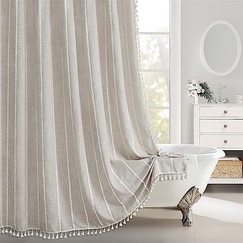 Awellife Farmhouse Duschvorhang mit Quasten – Premium-Qualität, strapazierfähiges Baumwoll-Leinen-Duschvorhang-Set, Boho-Chic, rustikales Landhaus-Badezimmer-Dekor, wasserdicht und waschbar von Awellife