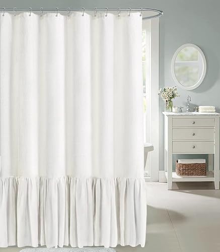 Awellife Farmhouse Duschvorhang mit Rüschen, Leinen, strukturiert, Boho-Duschvorhang für Badezimmer, Weiß, 183 x 183 cm (B x L) von Awellife