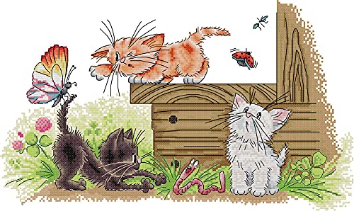 Awesocrafts Kreuzstich-Set, Drei Katzen Flattern Schmetterlinge, einfaches Muster, Kreuzstich-Stickset, Vorgedruckt von Awesocrafts