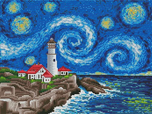 Awesocrafts Kreuzstich Stickpackungen Vorgedruckt Sternenhimmel Leuchtturm Bilder Vorlagen Sticken Set Vorgedruckt 11CT 3 Stränge von Awesocrafts