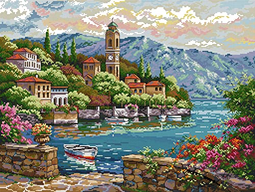 Awesocrafts Kreuzstich Stickpackungen Vorgedruckt Uhrturm am Meer Bilder Vorlagen Sticken Set Vorgedruckt 14CT 2 Stränge von Awesocrafts