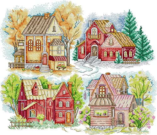 Awesocrafts Kreuzstich Stickpackungen Vorgedruckt Vier Jahreszeiten farbige Kabine Bilder Vorlagen Sticken Set Vorgedruckt 14CT 2 Stränge von Awesocrafts