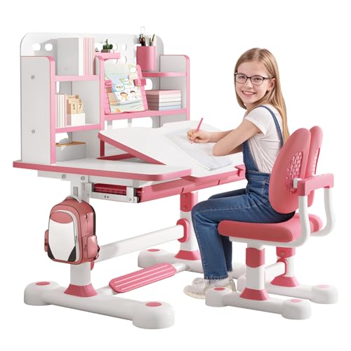 Awjaisca Höhenverstellbare Kinderschreiber- und Stuhlset mit 50-Grad-Neigungsschiff- und Bücherregal, Kid's Study Desk und Stuhl Set mit Lagerschubladen und robustem Design, Studientisch mit Stuhl Awjaisca Höhenverstellbare Kinderschreiber- und Stuhlset mit 50-Grad-Neigungsschiff- und Bücherregal, Kid's Study Desk und Stuhl Set mit Lagerschubladen und robustem Design, Studientisch mit Stuhl von Awjaisca