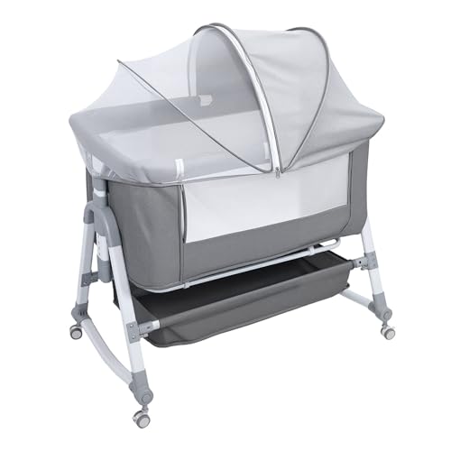 Awjaisca Höhenverstellbares Nachthaus mit 3 in 1 Funktion und bewegliches Design, beweglich neben Stuhlgas mit großer Krümmung und Moskitonetz, Baby -Bett -Krippe Grau von Awjaisca