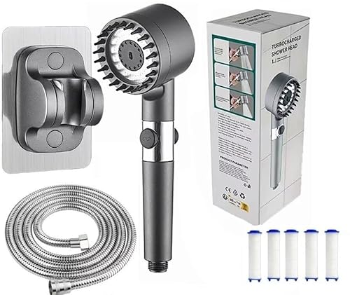 Adlox VitaShower – Spürbar weichere Haut, glänzendes Haar & echtes Wohlgefüh | Duschkopf Leistungsstarker Booster (Grau Duschkopf + Halterung + Schlauch + 5 Filter) von Awlve