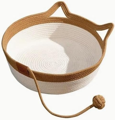 Awlve Tier-Herzen Handgewebtes Baumwollseil-Katzenbett Tier Herzen Katzenbett Stilvolles, Langlebigkeit und Waschbar Katzenkorb Faltbares mit Spielball für anspruchsvolle Katzen (Braun,L) von Awlve