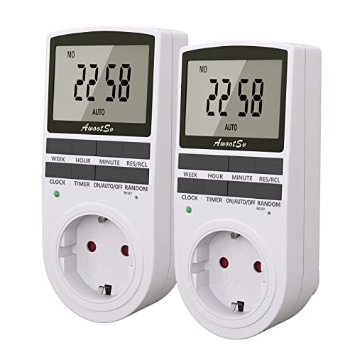 Awootsv Digital Electrical Timer Socket mit LCD-Anzeige 10 konfigurierbaren einbruchsicheren Zufallsfunktion Indoor Plug in Elektrische Zeitschaltuhr für Licht und Haushaltsgeräte, 3680W (2 Pack) von Awootsv